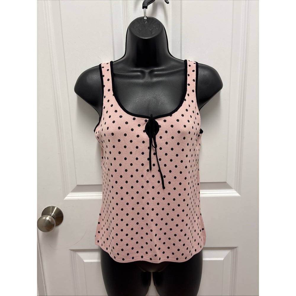 Y2K Vintage Pink Polka Dot Keyhole Ribbed Tank - Size Large Petite
